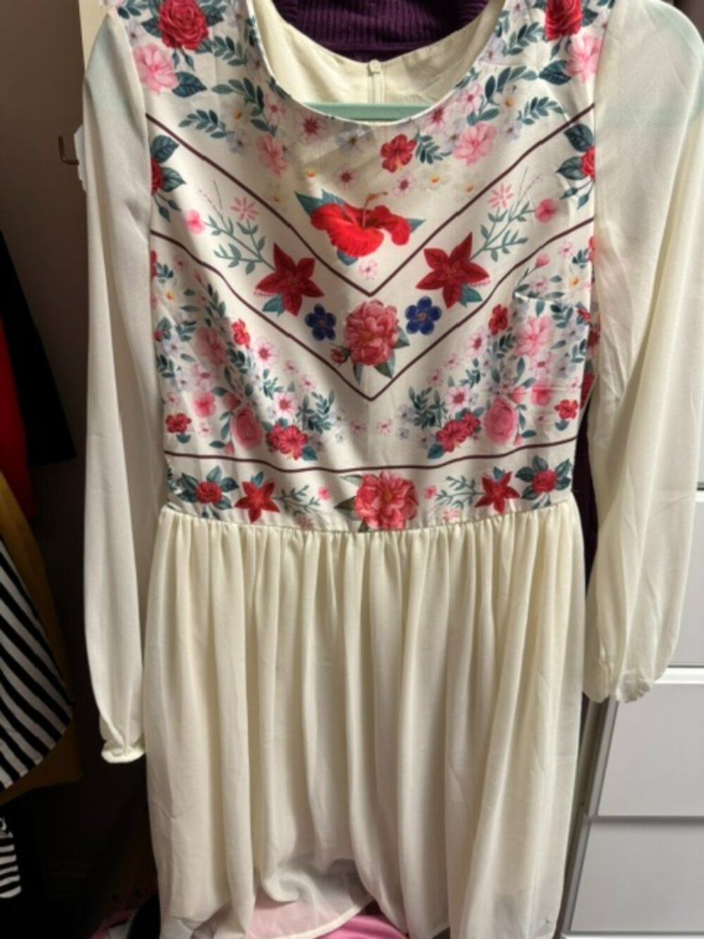 NWOT white printed dress, long-sleeves